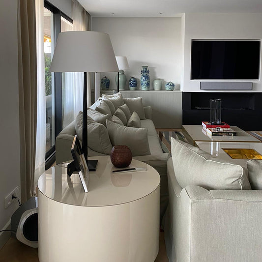 Table d'appoint de canapé Luna en stratifié brillant, design cylindrique