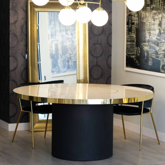Table ronde Malibu avec marqueterie en laiton ou en acier Finitions et dimensions personnalisables