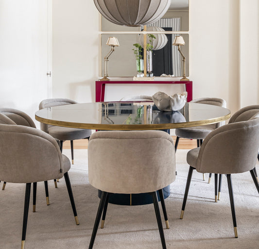Round Julieta Dinning Table with Pedestal, High Gloss Laminate and Metal Details