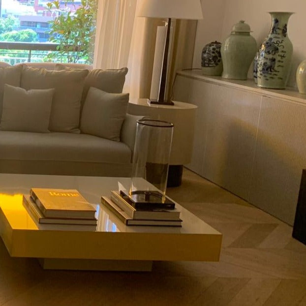 Malibu Coffee Table, High-Gloss Laminate and Brass, Inspired by 70s Design