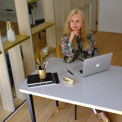 Julieta Desk Table in High Gloss Laminate and Metal Details, Customizable